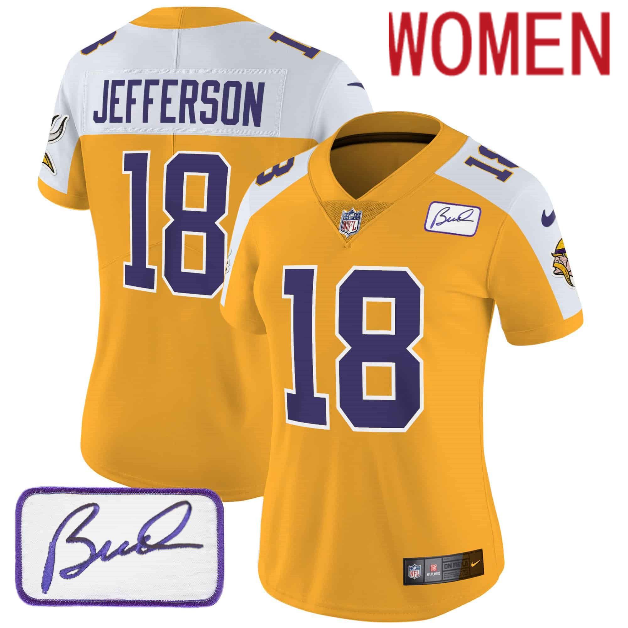 Women Minnesota Vikings 18 Jefferson Yellow 2024 Nike Patch Classic Limited NFL Jersey
